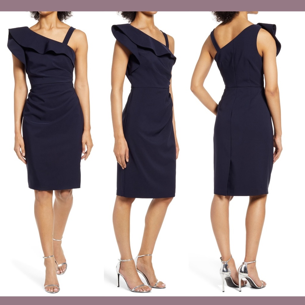 NWT Vince Camuto [ 8 ]‎ One Shoulder Ruffle Asymmetric Body-Con Dress Navy #